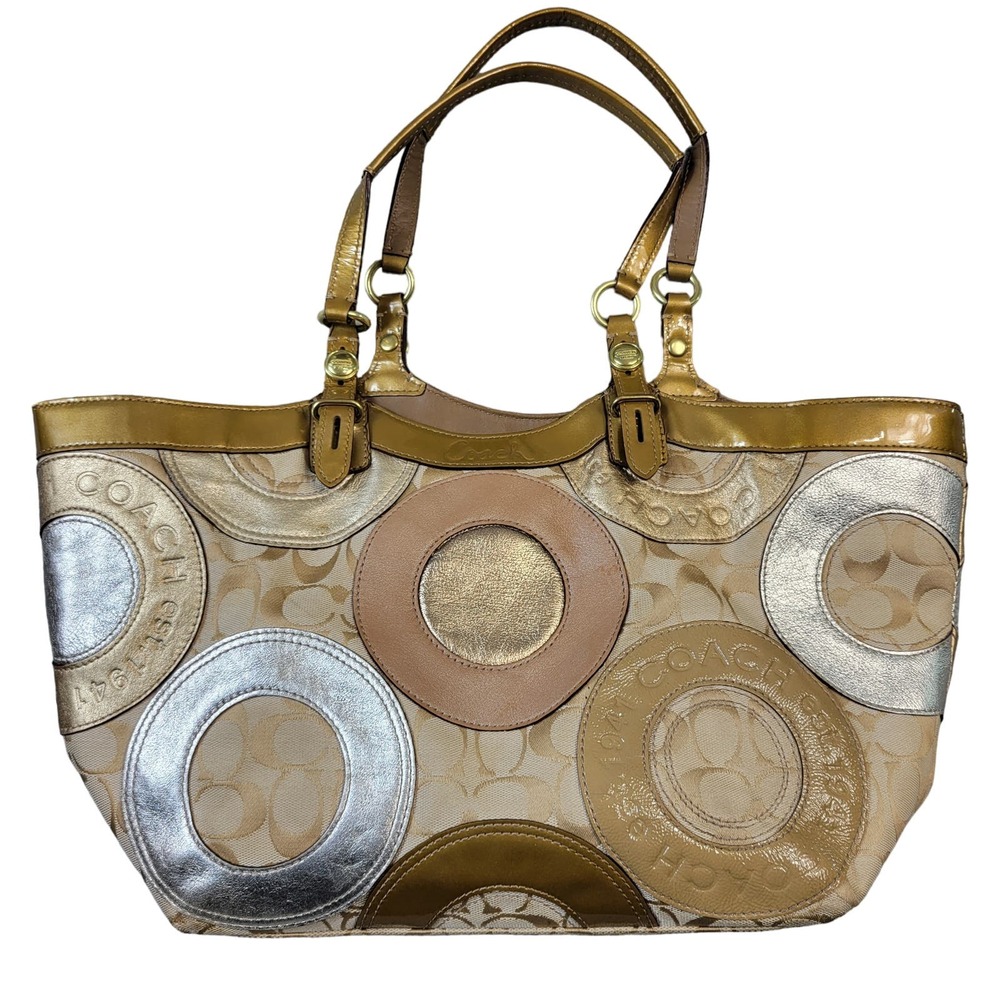 Coach Carly Patchwork Purse Shoulder Bag Metallic Leather Gold F16180 Patent